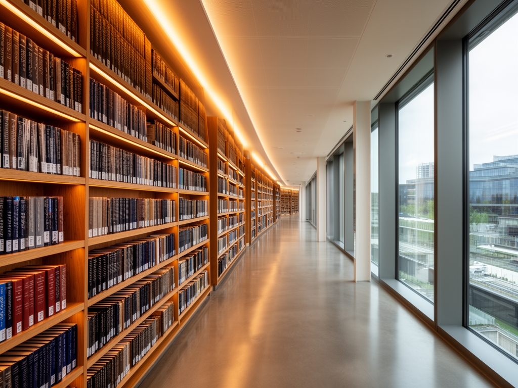 Wnętrze nowoczesnego centrum badawczego z długimi regałami pełnymi naukowych woluminów, ciepłe oświetlenie i duże okna wpuszczające naturalne światło