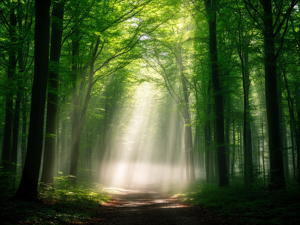 Gęsty, zielony las liściasty o świcie, promienie słońca przebijające się przez wysokie korony drzew, mgła unosząca się nad leśną ścieżką
