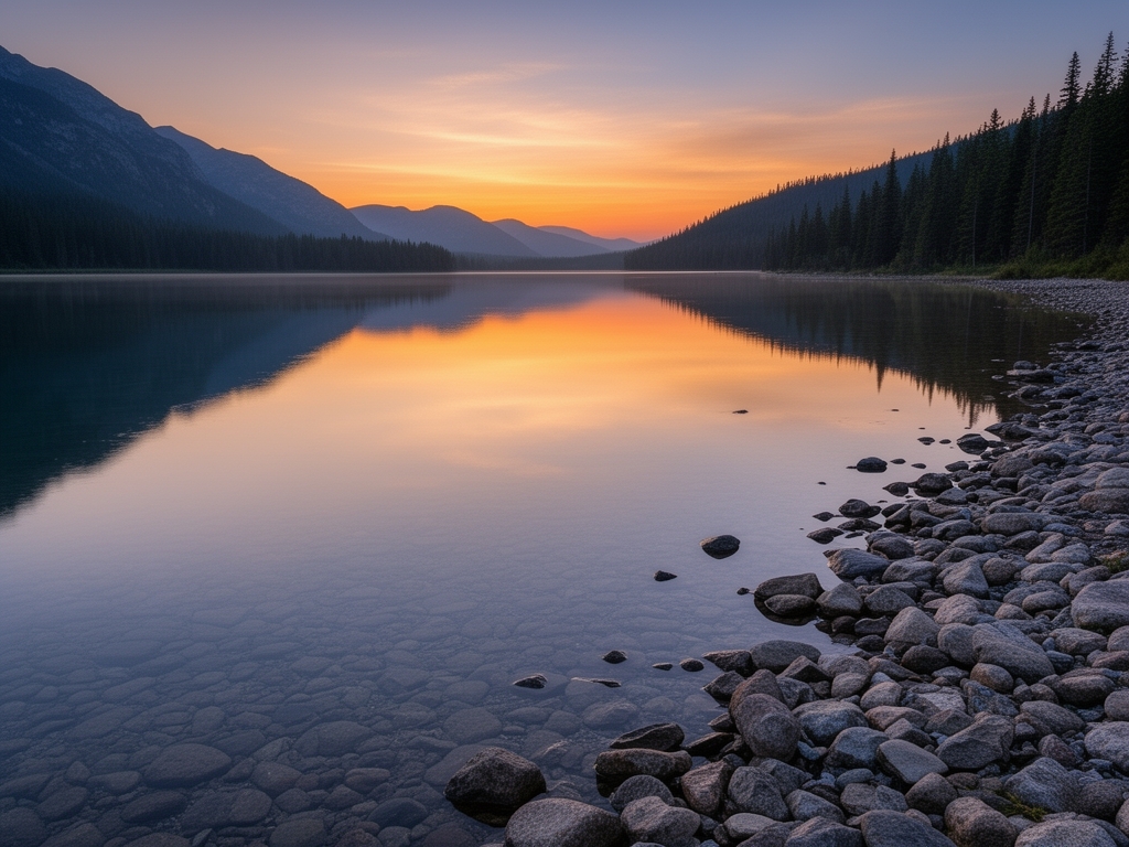 Spokojna tafla górskiego jeziora odbijająca niebo o zachodzie słońca, kamieniste brzegi, cisza i spokój natury