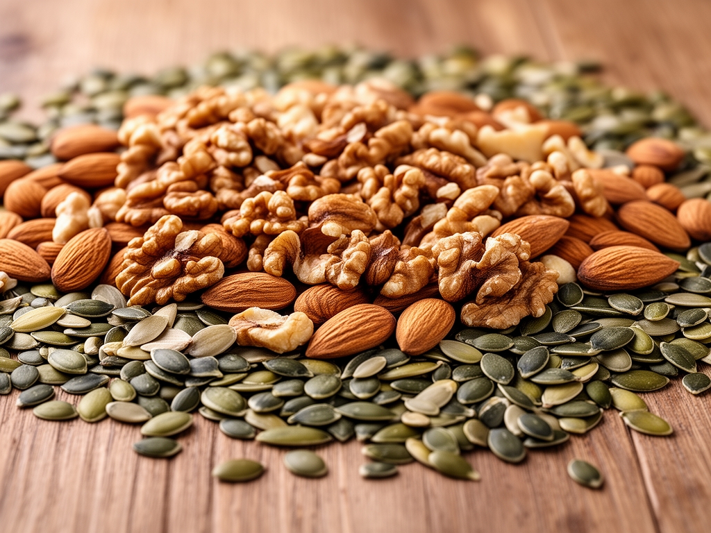 Rozsypane orzechy włoskie, migdały i nasiona dyni na drewnianym blacie — makrofotografia tekstur i kolorów naturalnych nasion